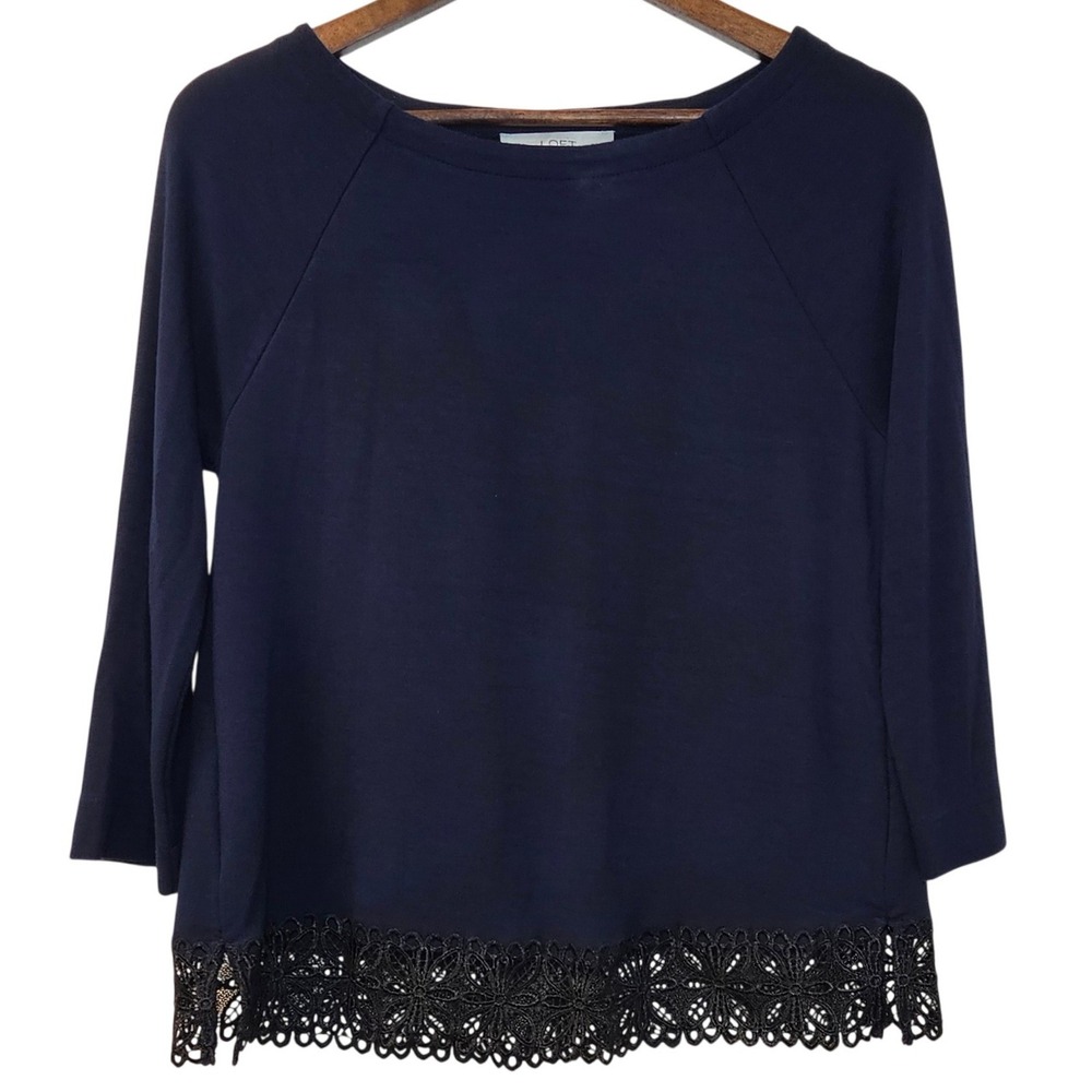 LOFT Navy Blue‎ Tunic Sweater Small Lace Eyelet Hem Crochet Boho Romantic Soft